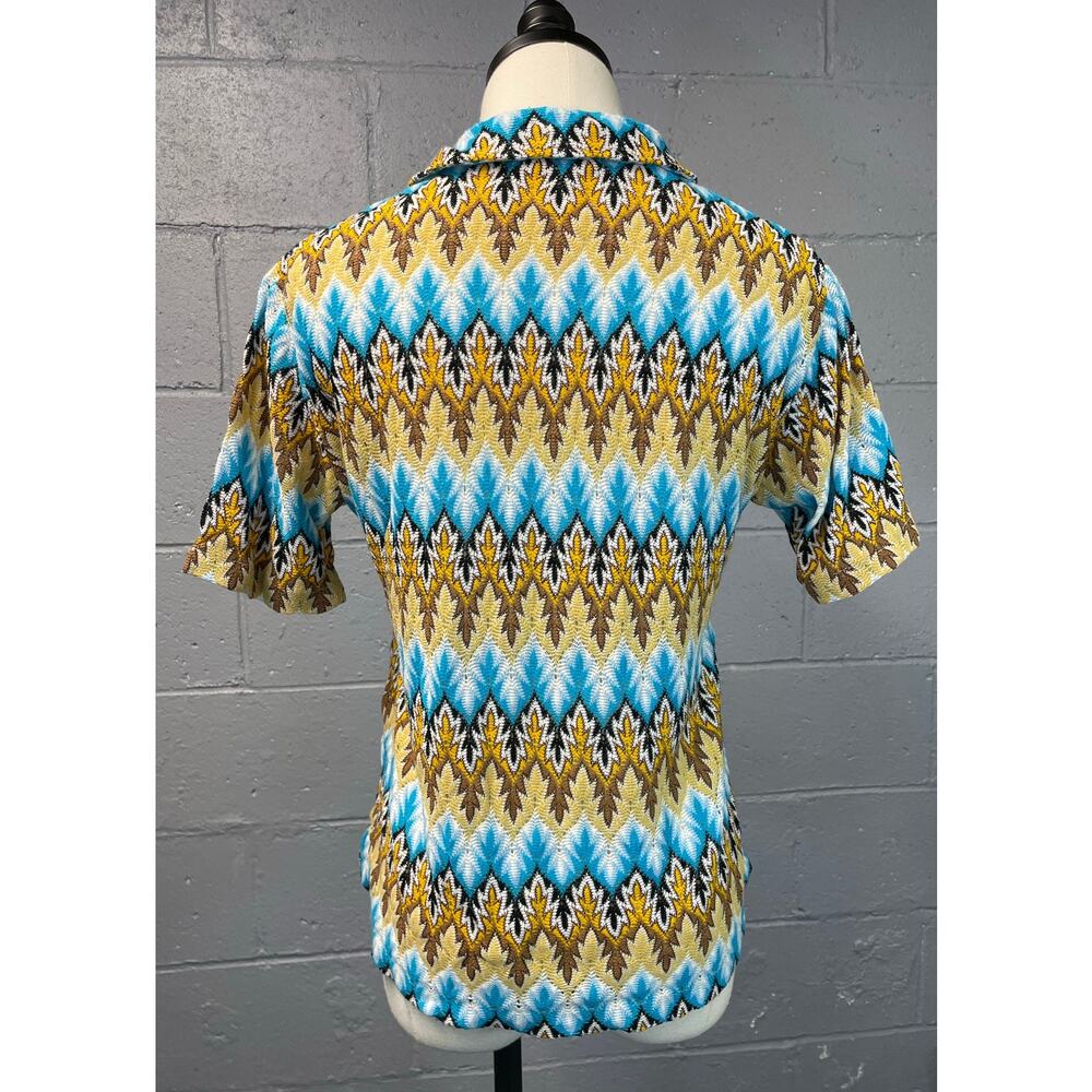 Vintage 60s Psychedelic Chevron Novelty Knit Short Sleeve Shirt Lace Up Med - Picture 9 of 10
